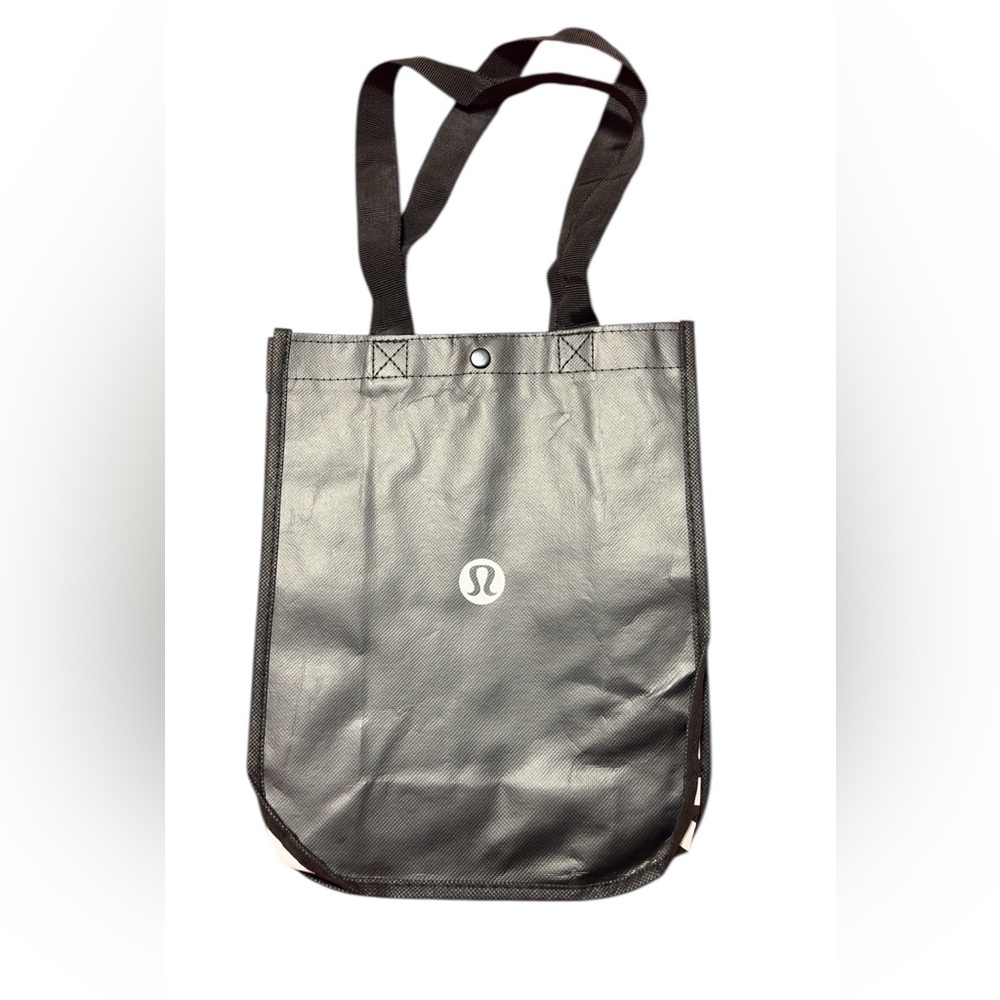 Lululemon Black Reusable Tote Bag Snap Closure Logo Shopper Gym Yoga Carryall